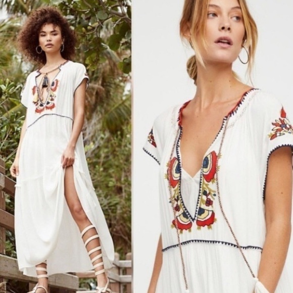 FREE PEOPLE Daisy Fields Boho Cream Gauze Embroidered Maxi Dress, Size XS - Picture 1 of 7